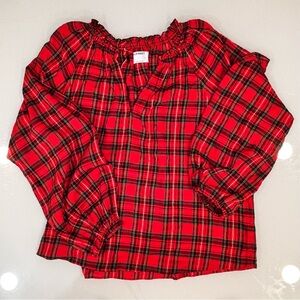 Old Navy Red Plaid Smocked Neck Blouse - Cottagecore - Size L - Cozy Top
